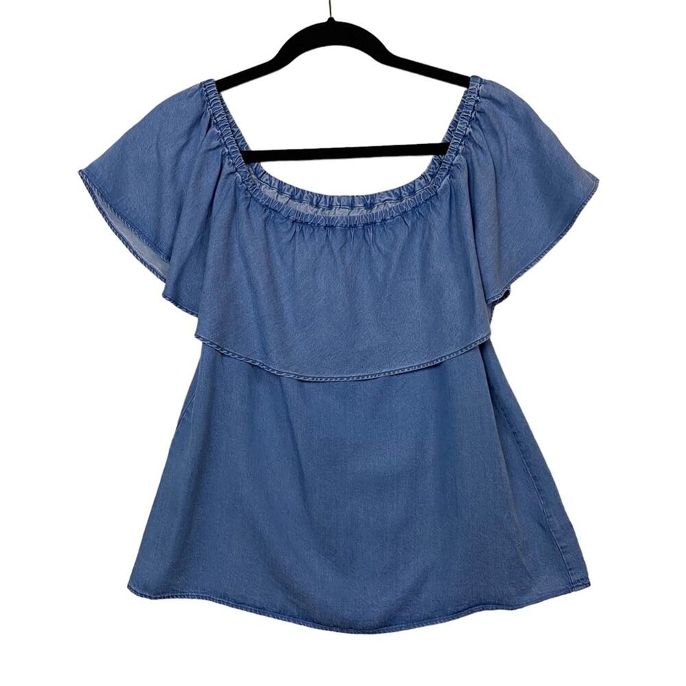 7 For All Mankind Blue Chambray Ruffle Off Shoulder Top Size Extra Small